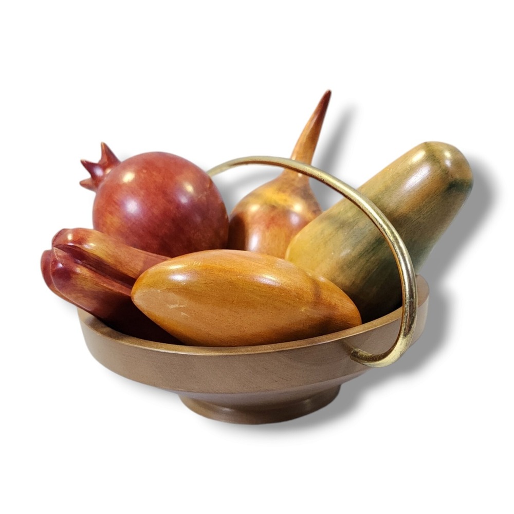 Vintage Nasco Wooden Bowl W/Brass Handel and 5 Wooden Fruit